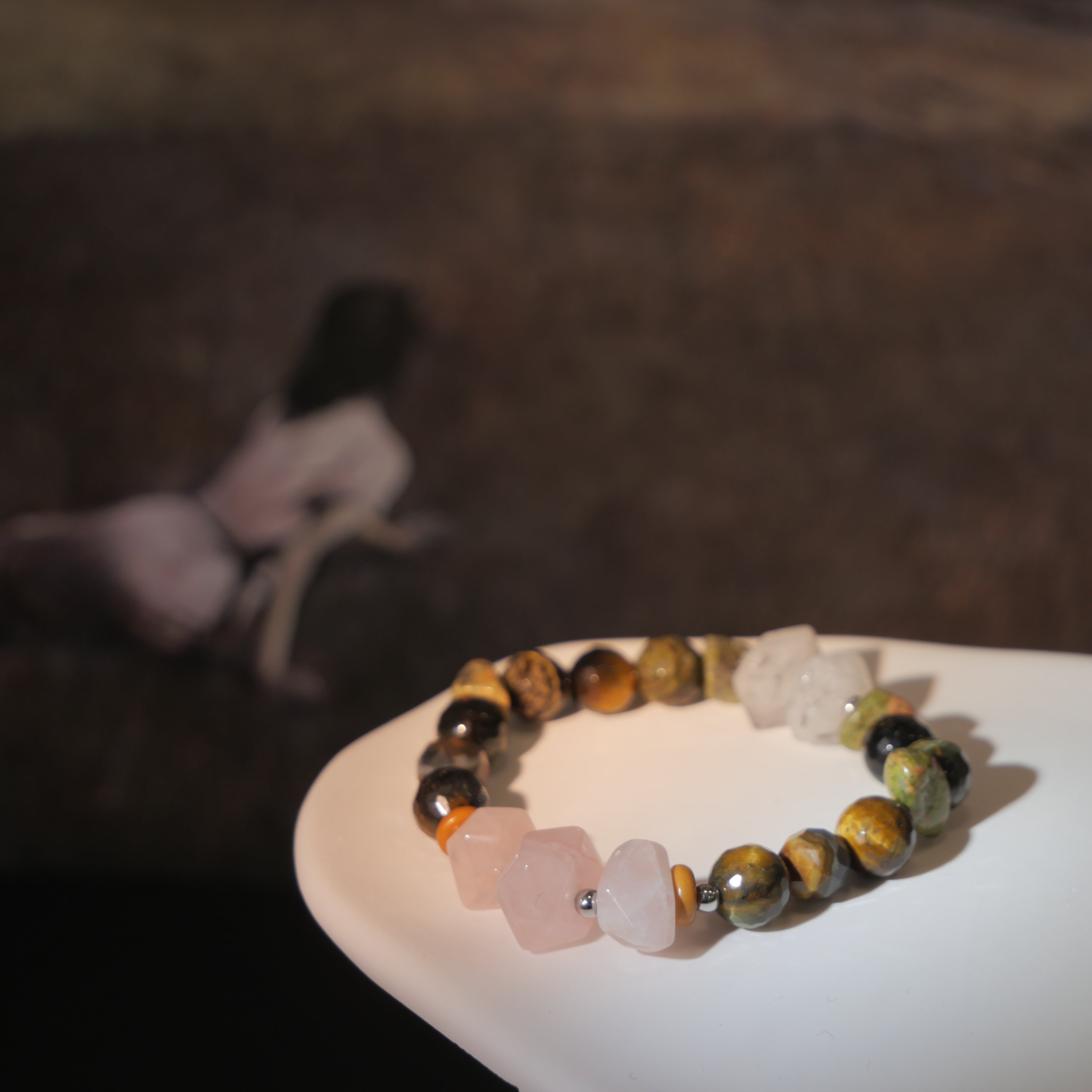 Solitary Resilience: Wyeth Inspired Rose Quartz &  Black Rutilated Quartz Bracelet——A velvety palette for solitude and grounding