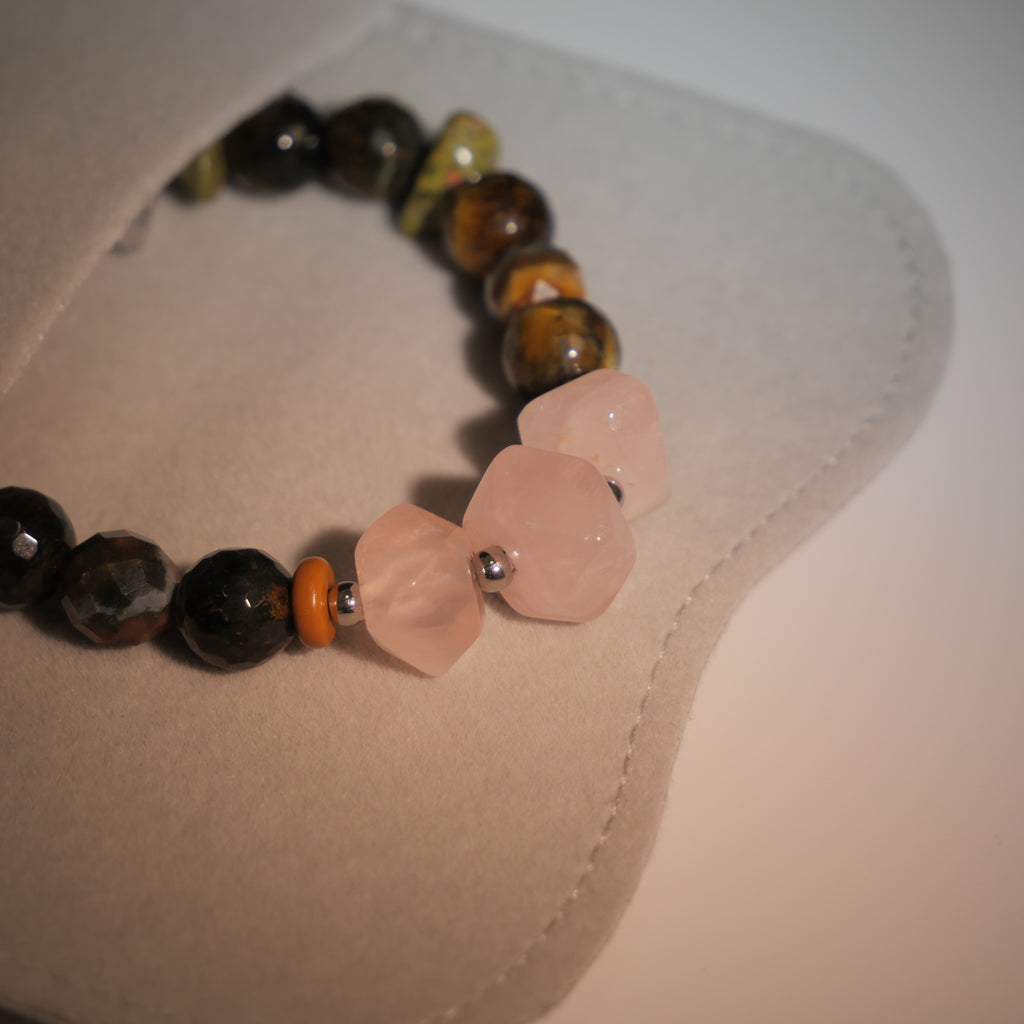 Solitary Resilience: Wyeth Inspired Rose Quartz &  Black Rutilated Quartz Bracelet——A velvety palette for solitude and grounding