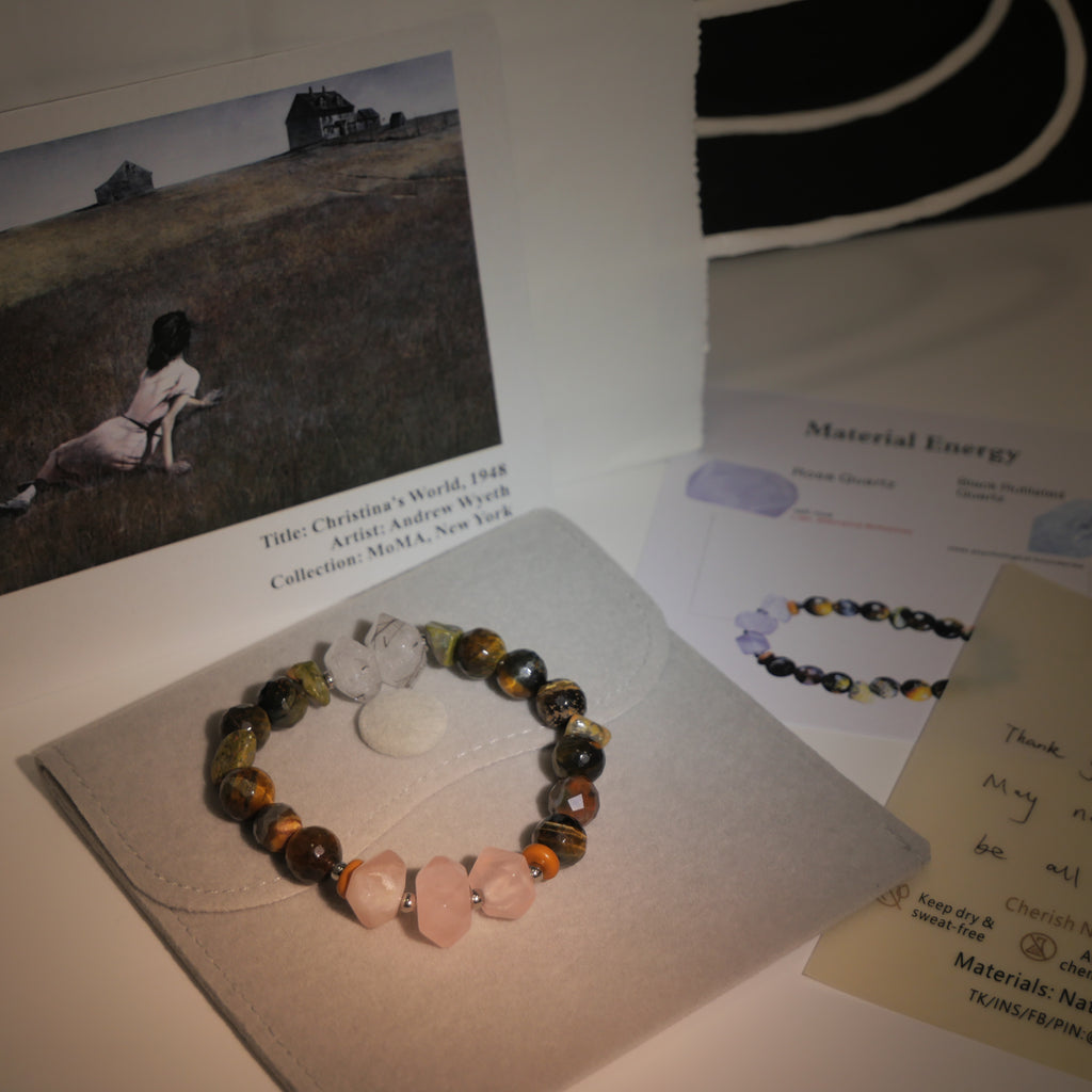 Solitary Resilience: Wyeth Inspired Rose Quartz &  Black Rutilated Quartz Bracelet——A velvety palette for solitude and grounding