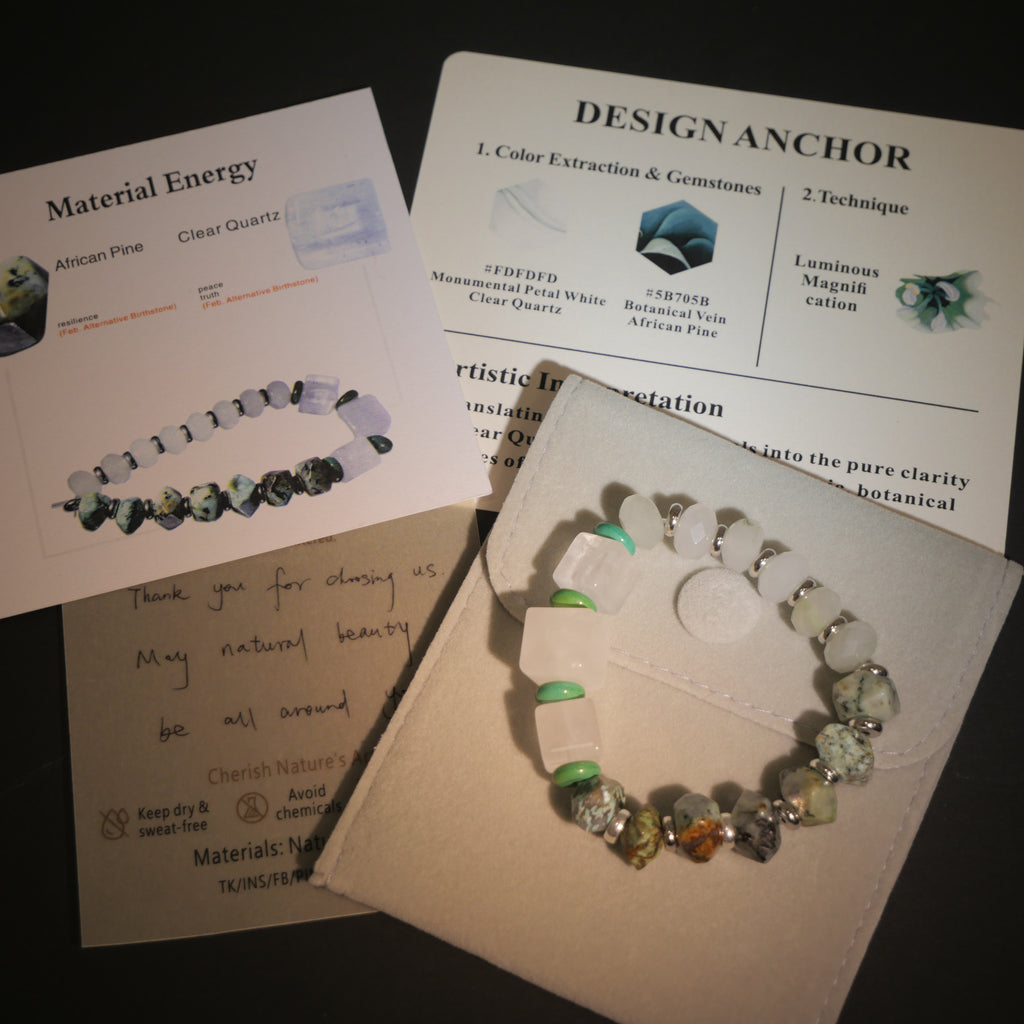 Profound Stillness: O'Keeffe Inspired African Pine & Clear Quartz Bracelet——A botanical palette for resilience and tranquility