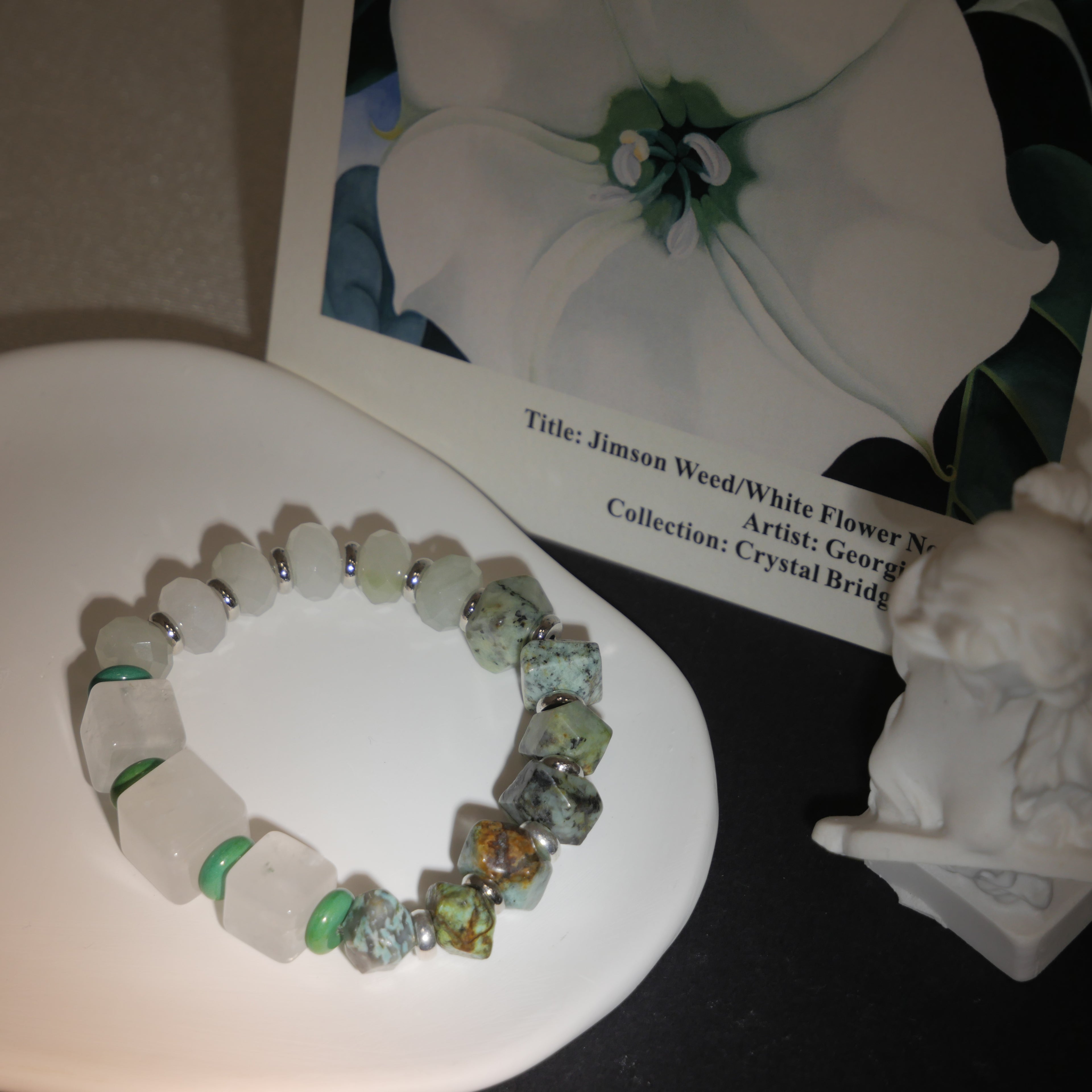Profound Stillness: O'Keeffe Inspired African Pine & Clear Quartz Bracelet——A botanical palette for resilience and tranquility