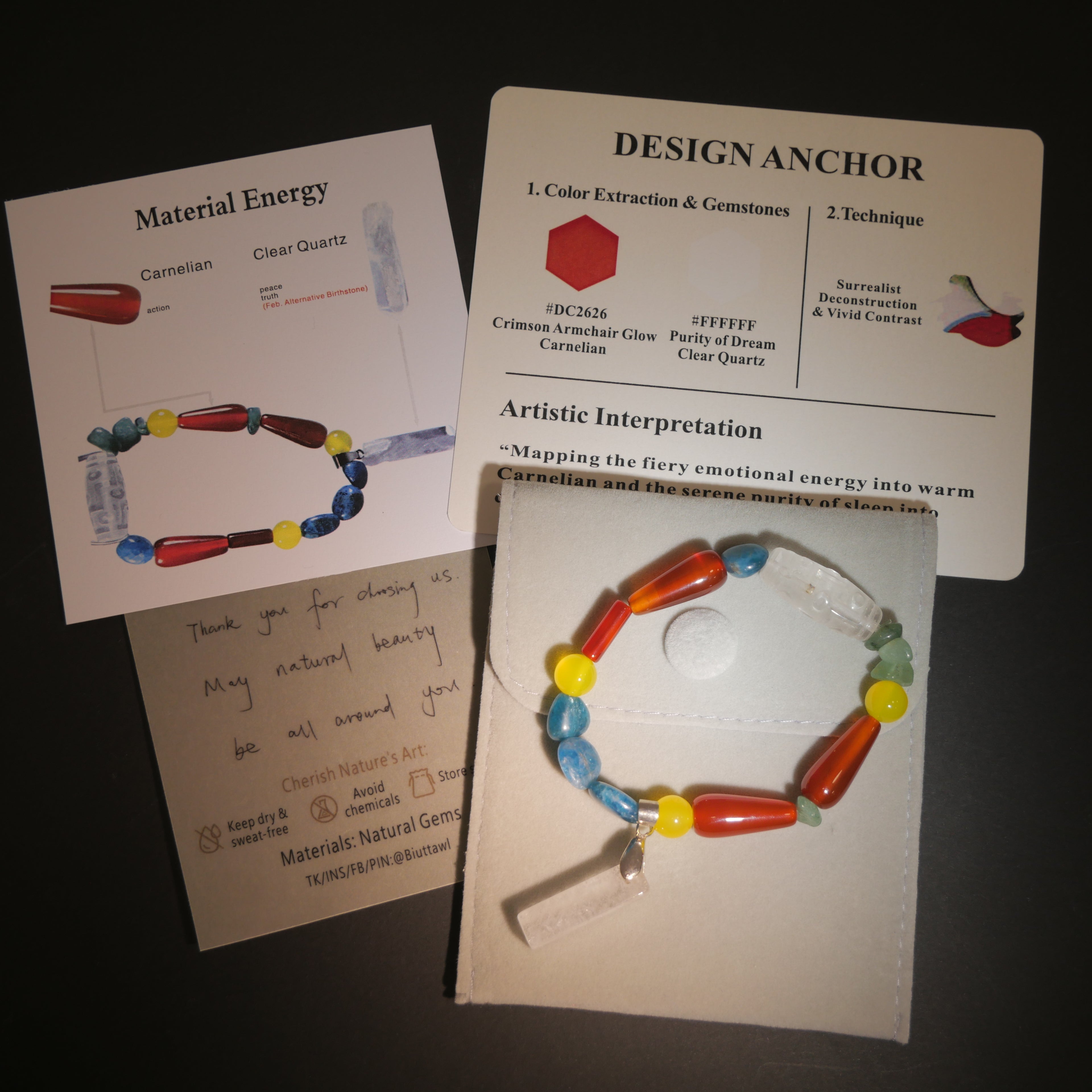 Surrealist Dream: Picasso Inspired Carnelian & Clear Quartz Bracelet——A vibrant palette for joy and inner peace