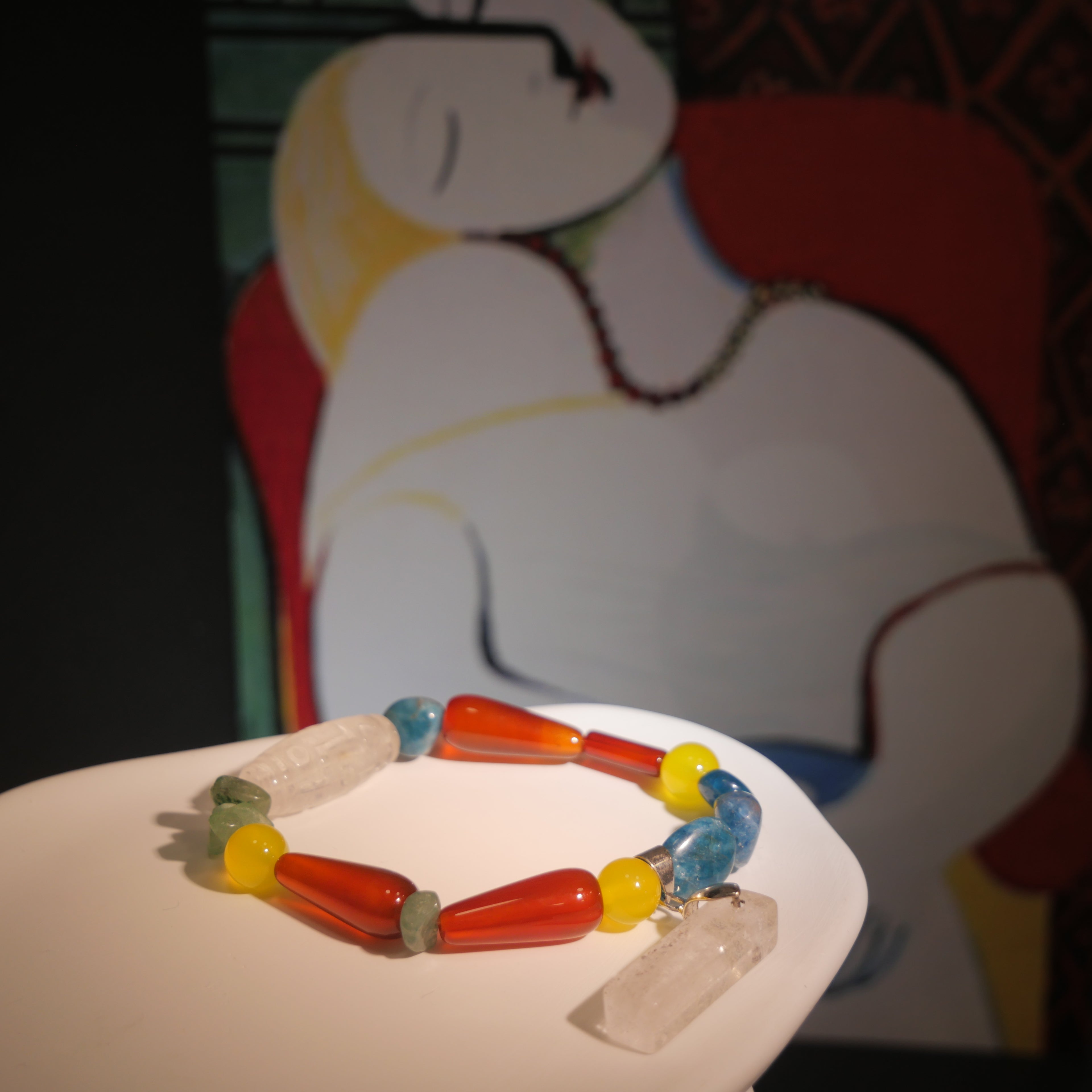 Surrealist Dream: Picasso Inspired Carnelian & Clear Quartz Bracelet——A vibrant palette for joy and inner peace