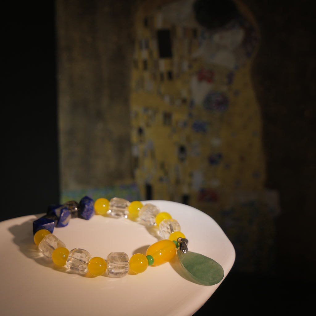 Gilded Embrace: Klimt Inspired Yellow Agate & Black Rutilated Quartz Bracelet——A golden palette for abundance and sacred love
