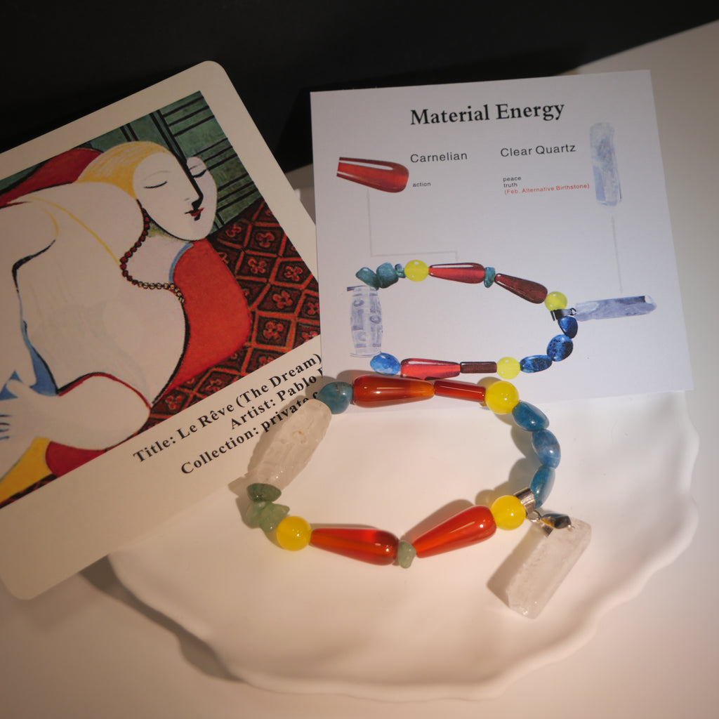 Surrealist Dream: Picasso Inspired Carnelian & Clear Quartz Bracelet——A vibrant palette for joy and inner peace