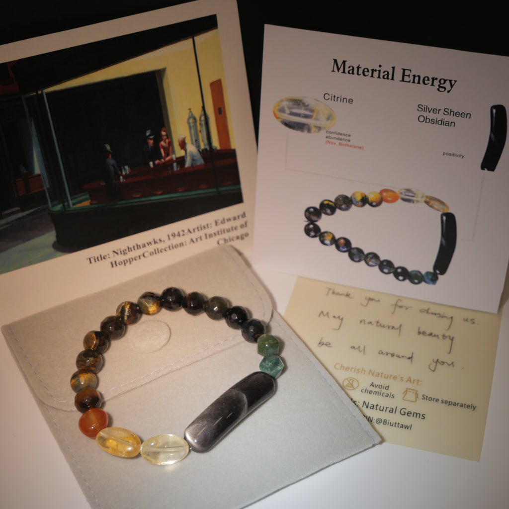 Urban Vision: Hopper Inspired Citrine & Silver Sheen Obsidian Bracelet——A neon palette for clarity and strength.