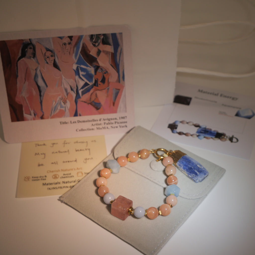 Sharded Beauty: Picasso Inspired Rhodochrosite & Aquamarine Bracelet——A fractured palette for revolution and positivity.