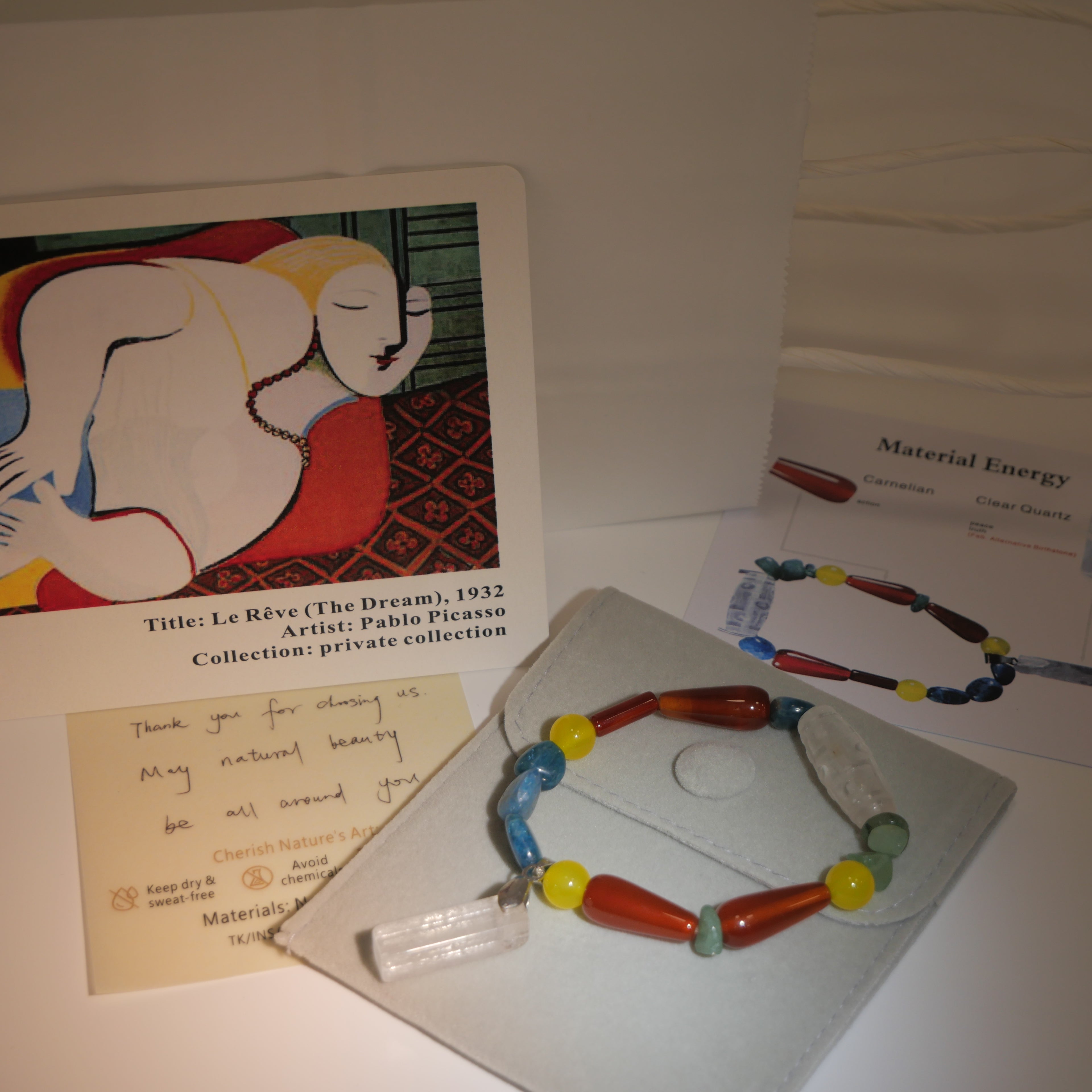 Surrealist Dream: Picasso Inspired Carnelian & Clear Quartz Bracelet——A vibrant palette for joy and inner peace