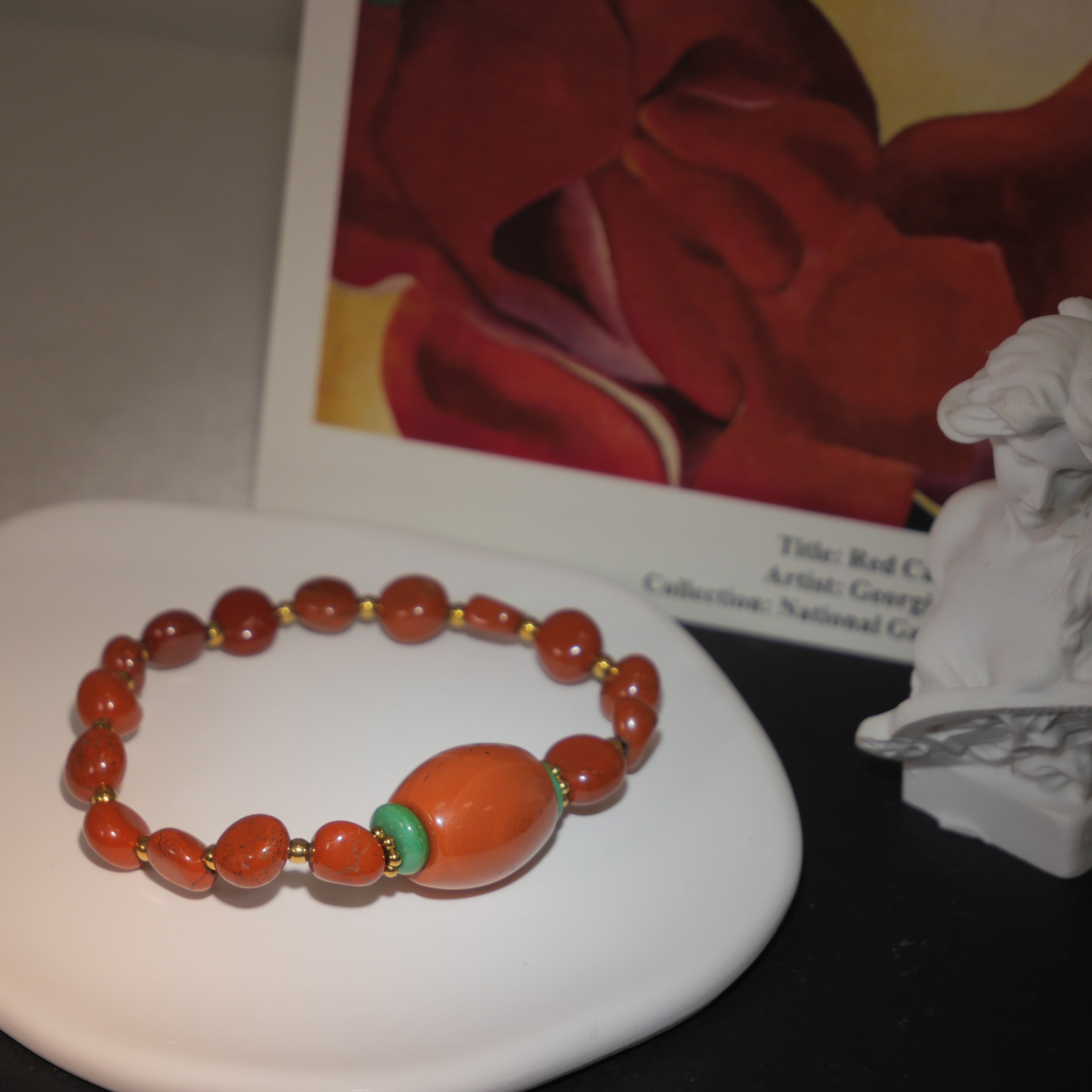 Radiant Flame: O'Keeffe Inspired Red Jasper & Malachite Bracelet——A fiery palette for vitality and passion