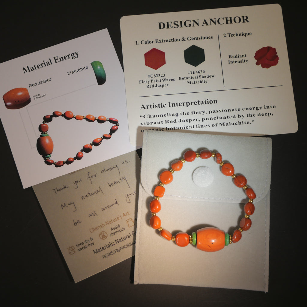 Radiant Flame: O'Keeffe Inspired Red Jasper & Malachite Bracelet——A fiery palette for vitality and passion