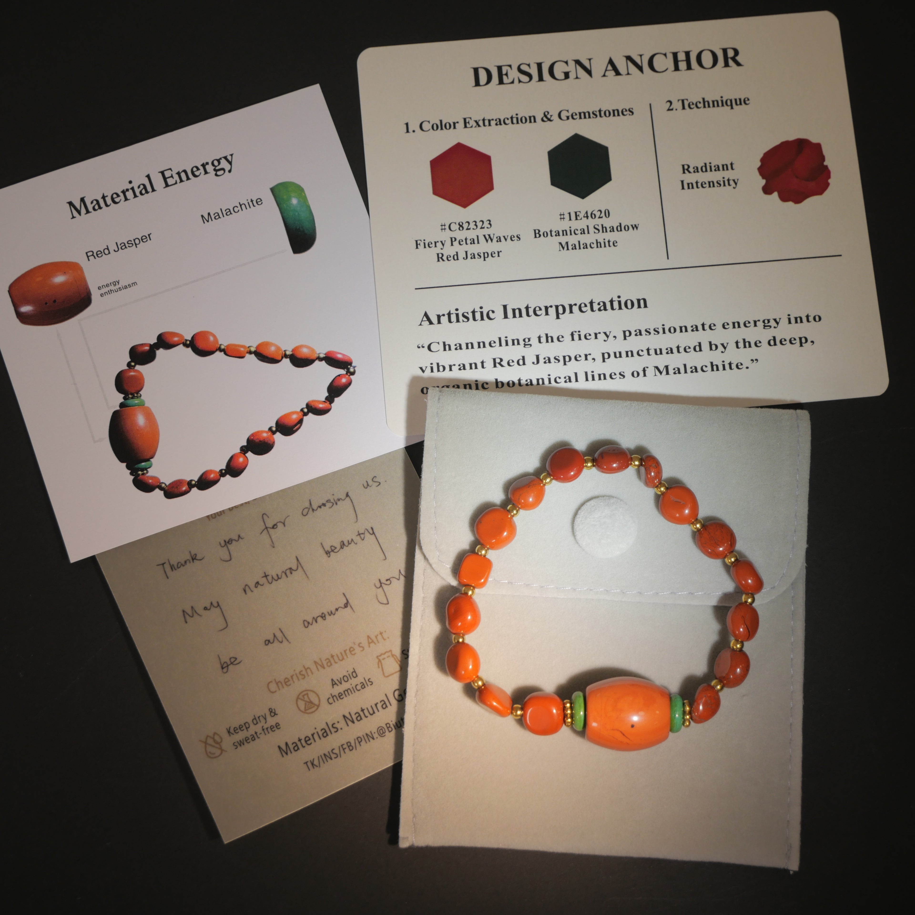 Radiant Flame: O'Keeffe Inspired Red Jasper & Malachite Bracelet——A fiery palette for vitality and passion