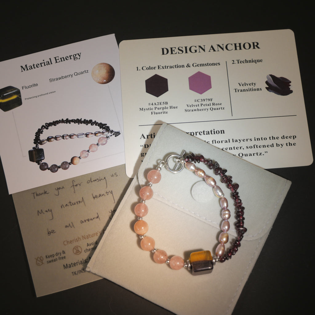 Deep Vision: O'Keeffe Inspired Fluorite & Strawberry Quartz Bracelet——A velvety palette for strength and intuition.