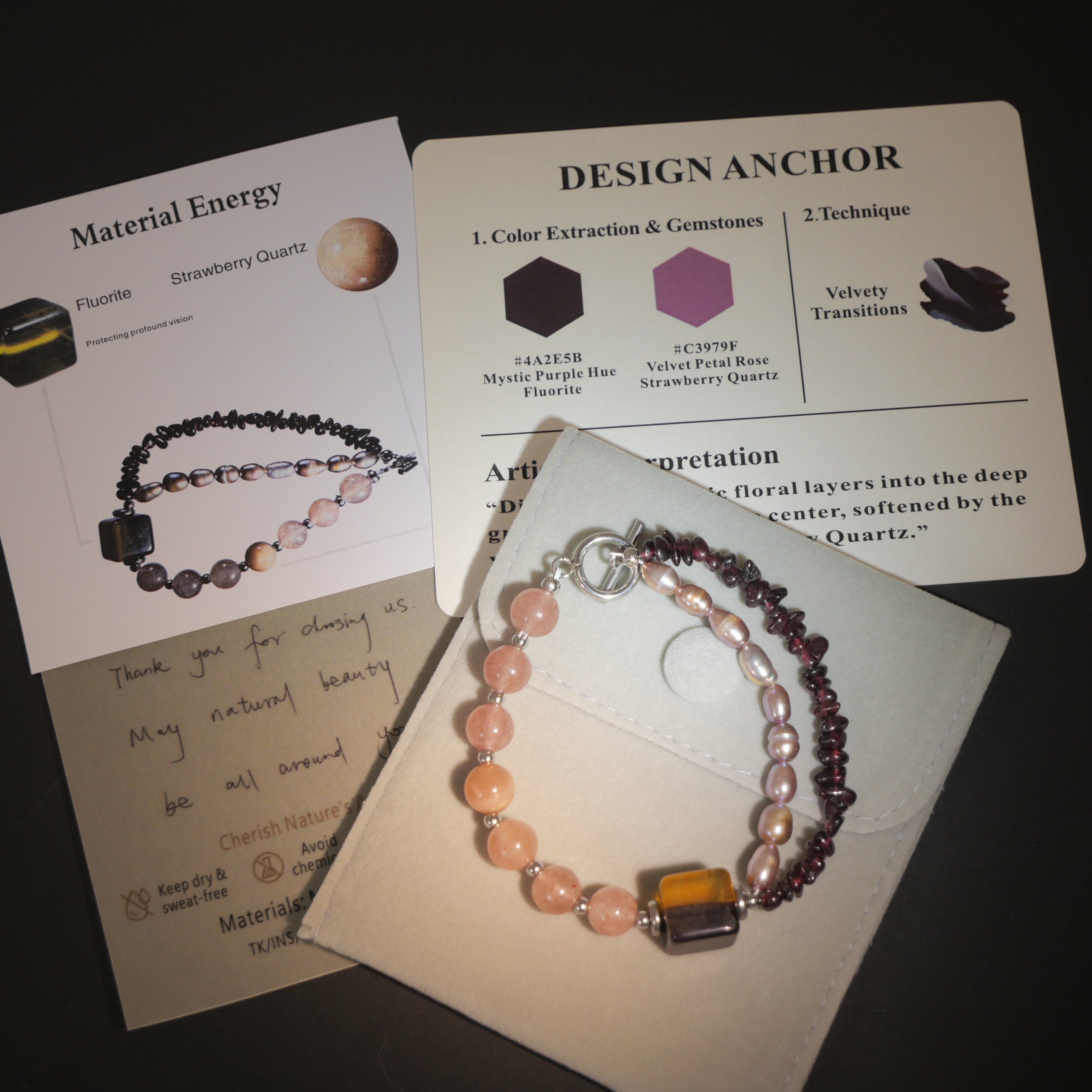 Deep Vision: O'Keeffe Inspired Fluorite & Strawberry Quartz Bracelet——A velvety palette for strength and intuition.