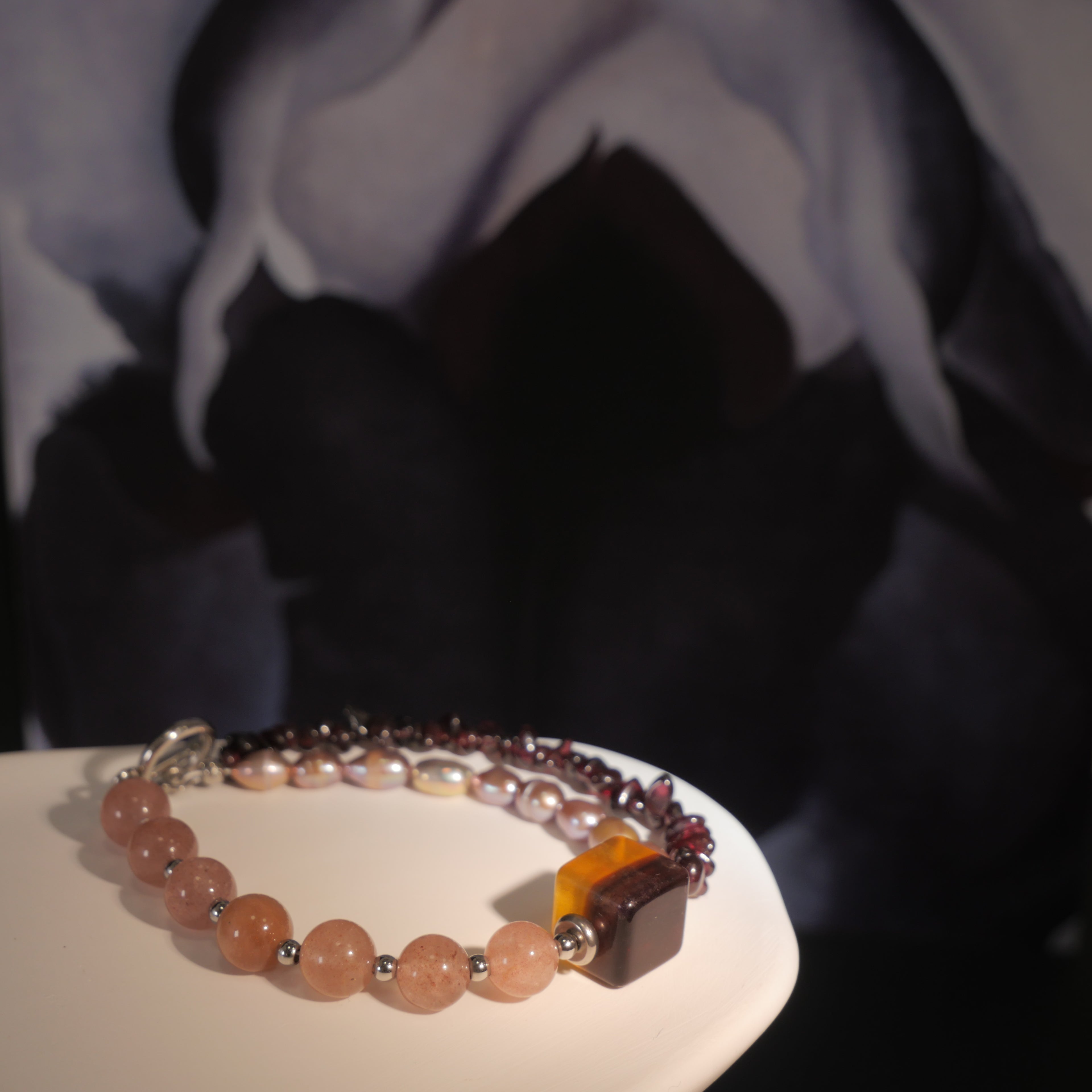 Deep Vision: O'Keeffe Inspired Fluorite & Strawberry Quartz Bracelet——A velvety palette for strength and intuition.