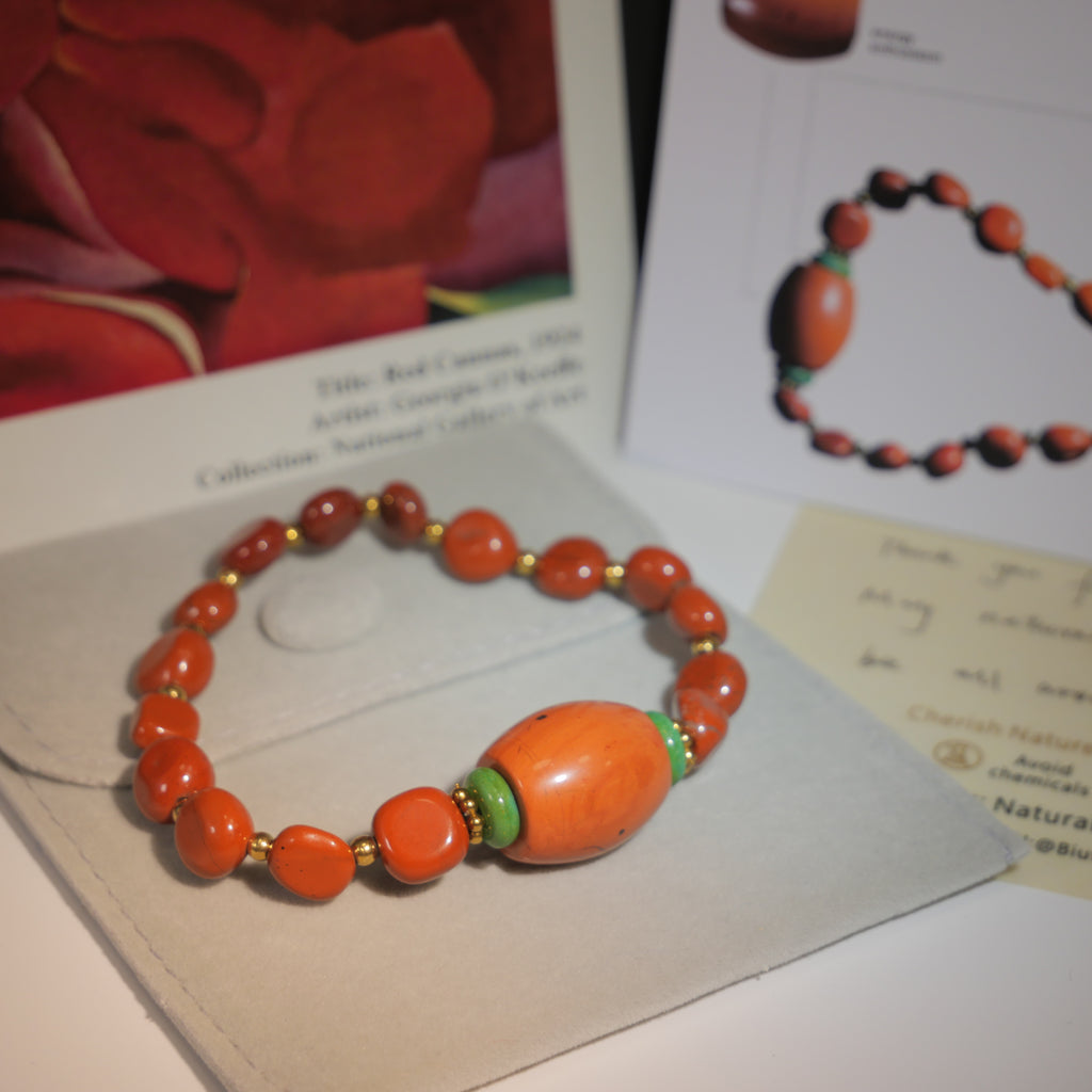 Radiant Flame: O'Keeffe Inspired Red Jasper & Malachite Bracelet——A fiery palette for vitality and passion