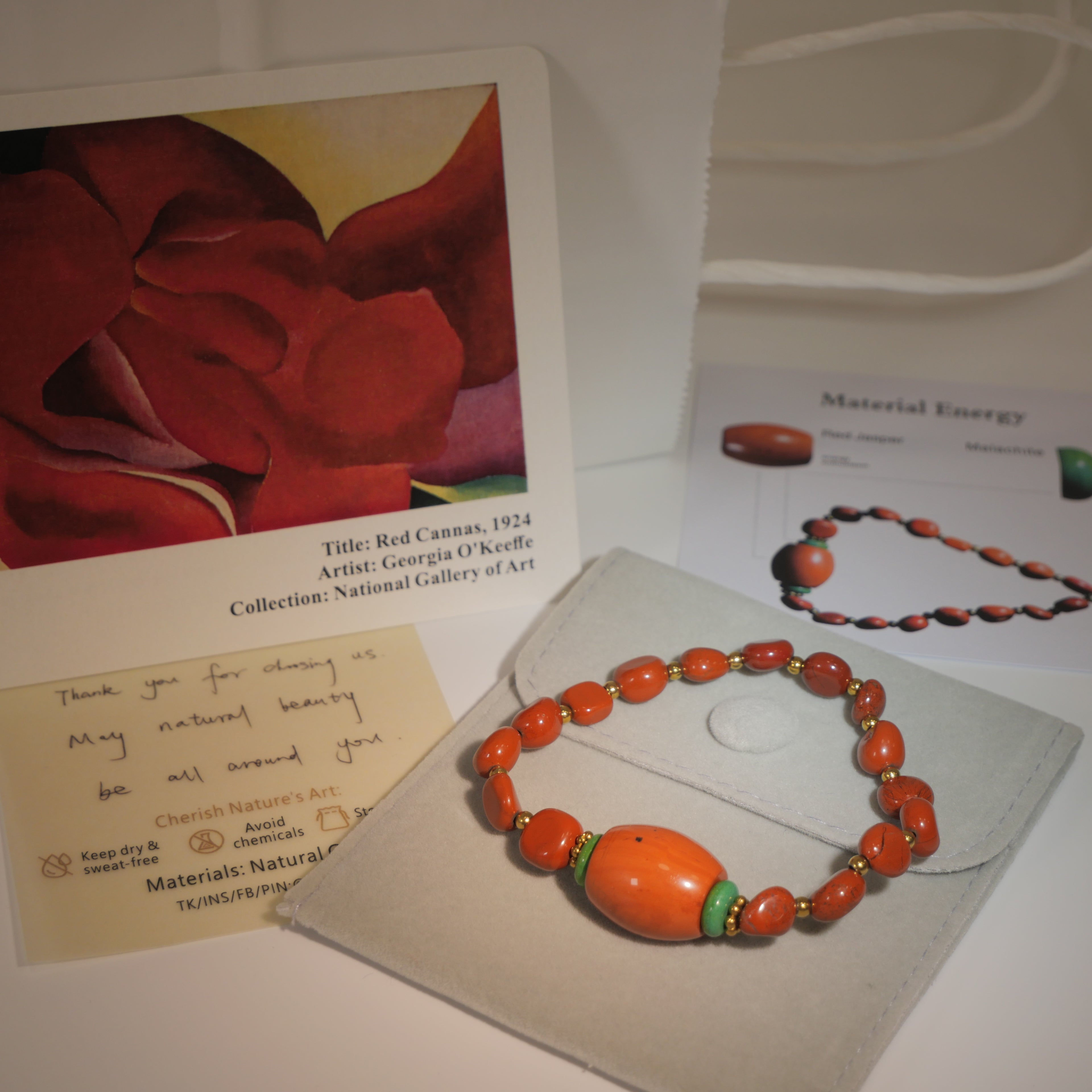 Radiant Flame: O'Keeffe Inspired Red Jasper & Malachite Bracelet——A fiery palette for vitality and passion