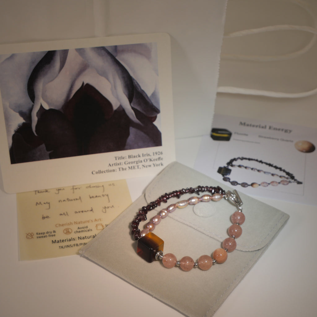 Deep Vision: O'Keeffe Inspired Fluorite & Strawberry Quartz Bracelet——A velvety palette for strength and intuition.