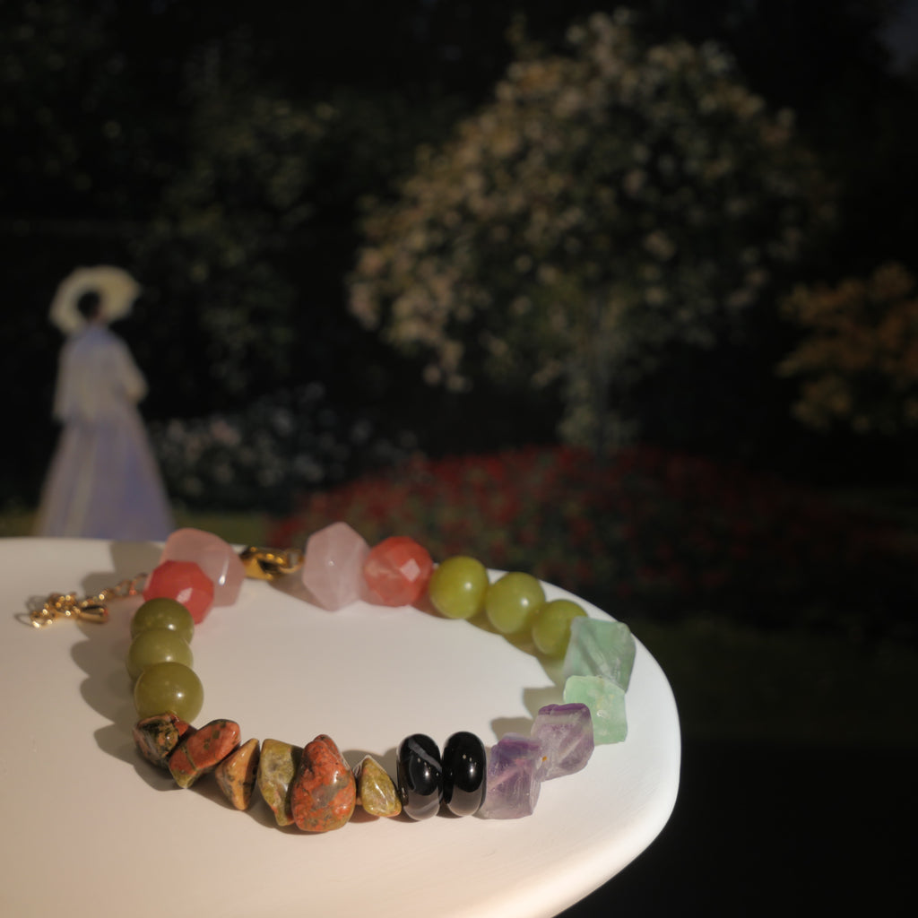 Botanical Light: Monet Inspired Strawberry Quartz & Epidote Bracelet——A sun-dappled palette for self-love and relationship