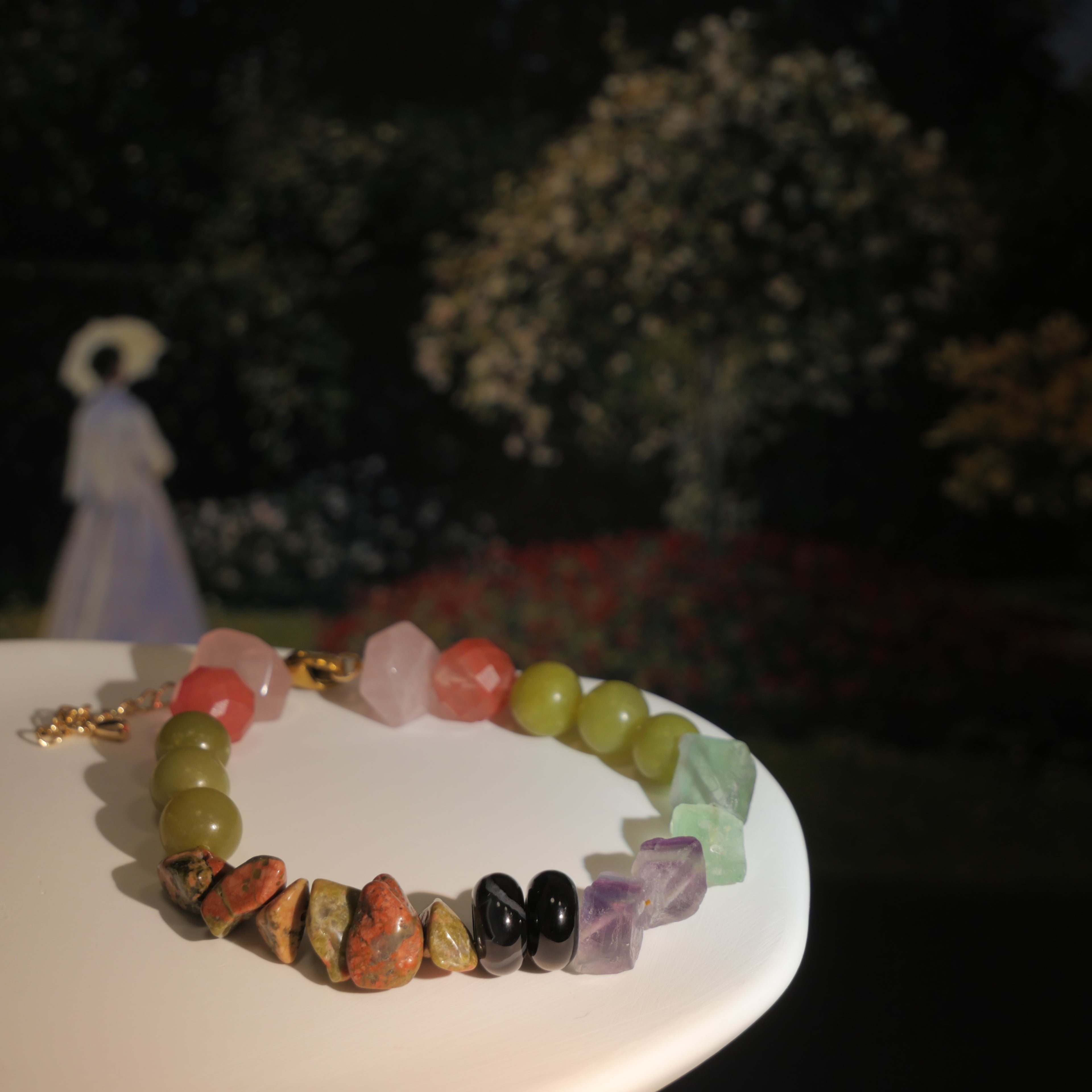 Botanical Light: Monet Inspired Strawberry Quartz & Epidote Bracelet——A sun-dappled palette for self-love and relationship