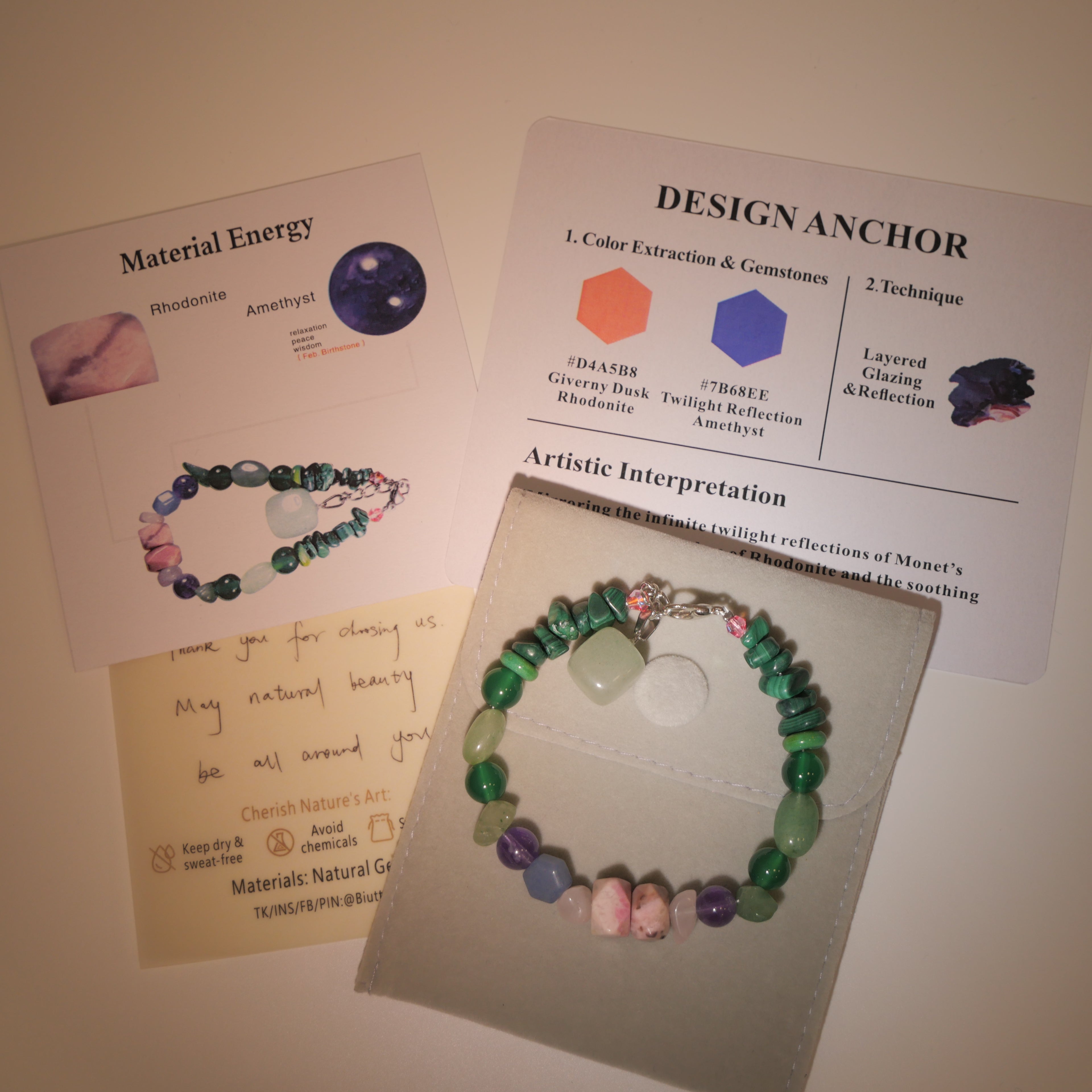 Giverny Dusk: Monet Inspired Rhodonite & Amethyst Bracelet——A serene sanctuary for a restful sou