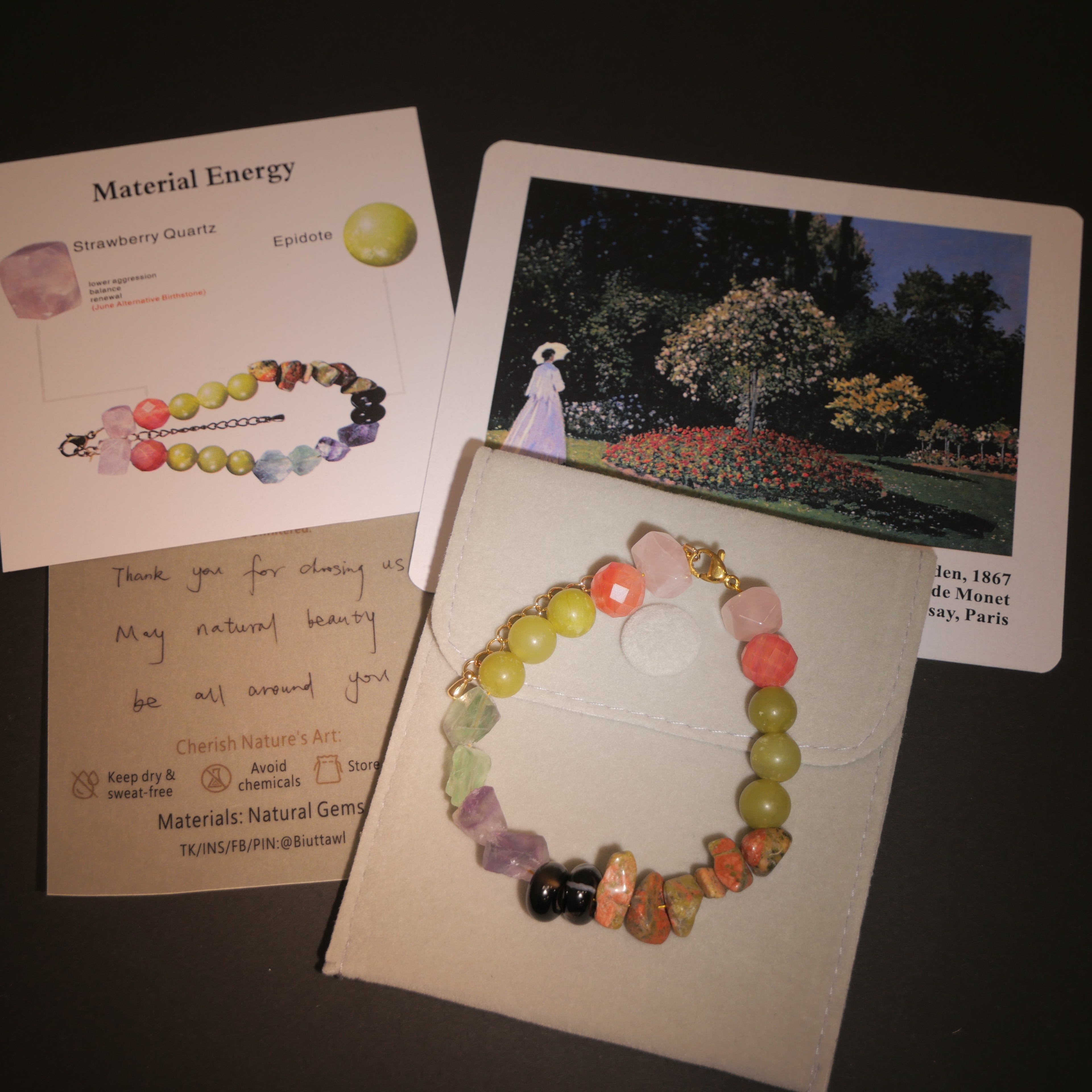 Botanical Light: Monet Inspired Strawberry Quartz & Epidote Bracelet——A sun-dappled palette for self-love and relationship