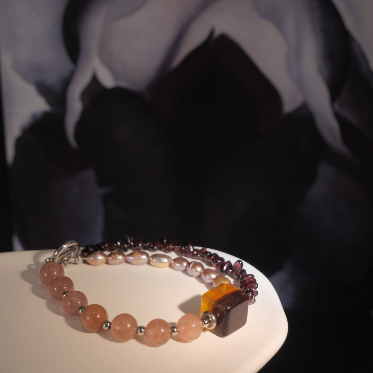 Deep Vision: O'Keeffe Inspired Fluorite & Strawberry Quartz Bracelet——A velvety palette for strength and intuition.