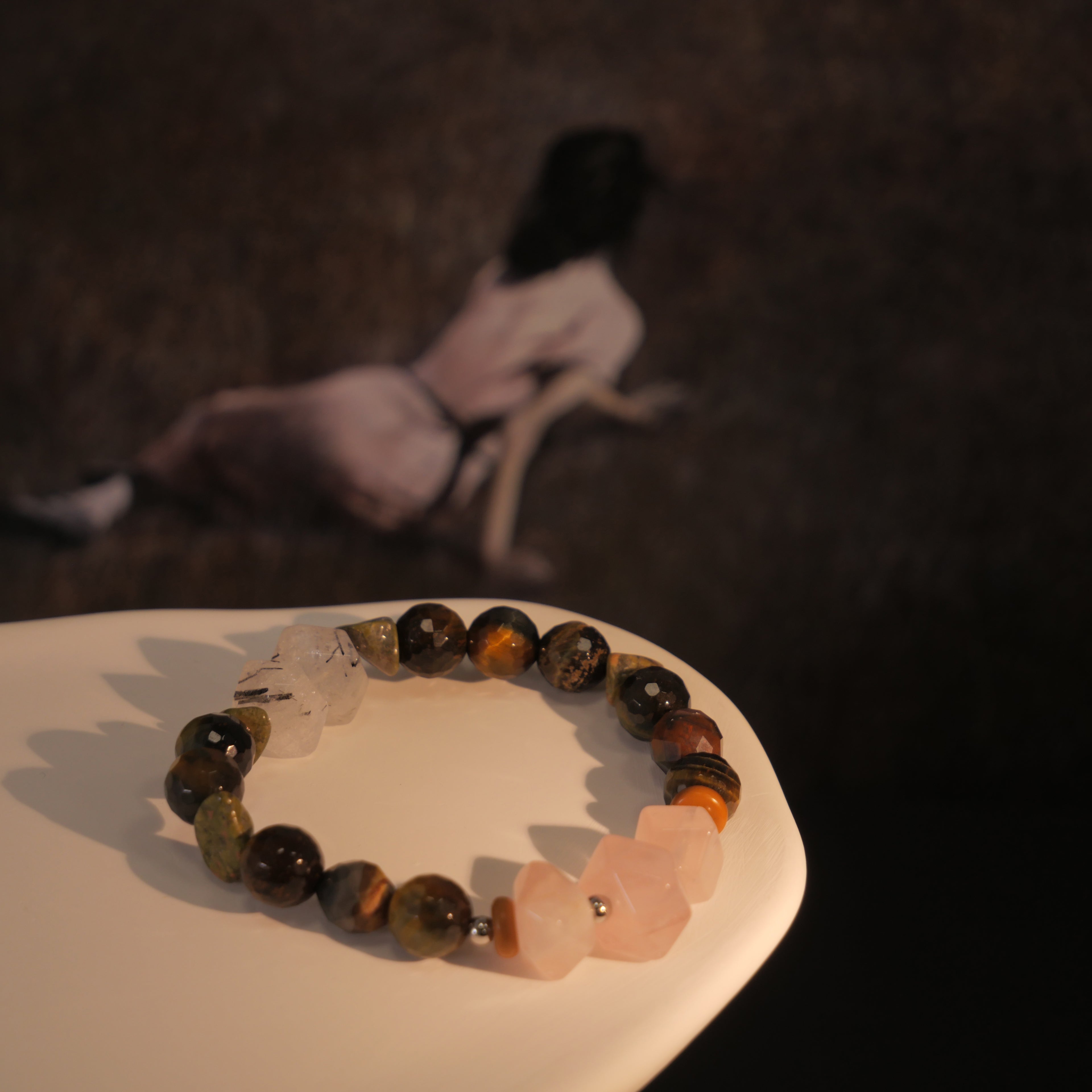 Solitary Resilience: Wyeth Inspired Rose Quartz &  Black Rutilated Quartz Bracelet——A velvety palette for solitude and grounding