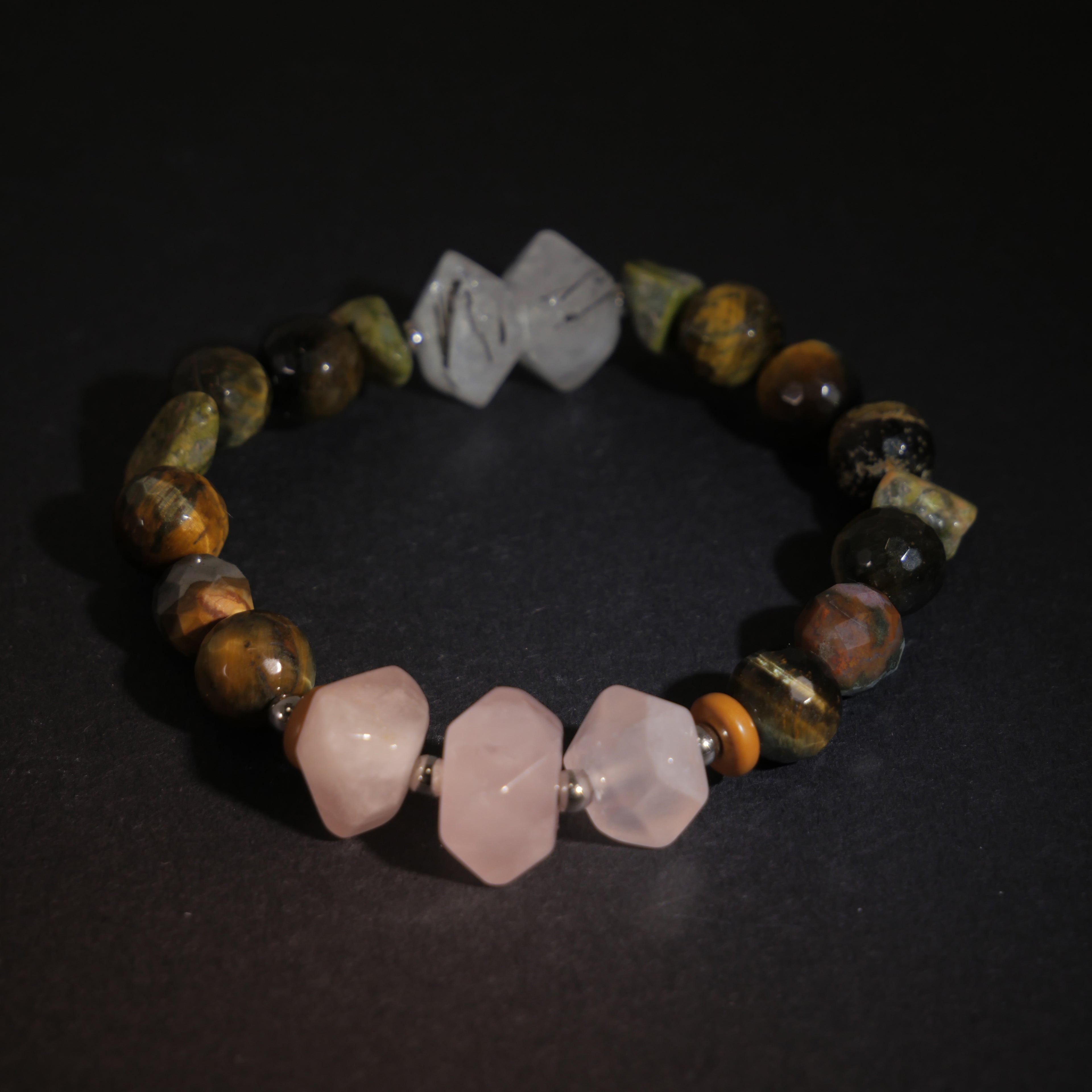 Solitary Resilience: Wyeth Inspired Rose Quartz &  Black Rutilated Quartz Bracelet——A velvety palette for solitude and grounding