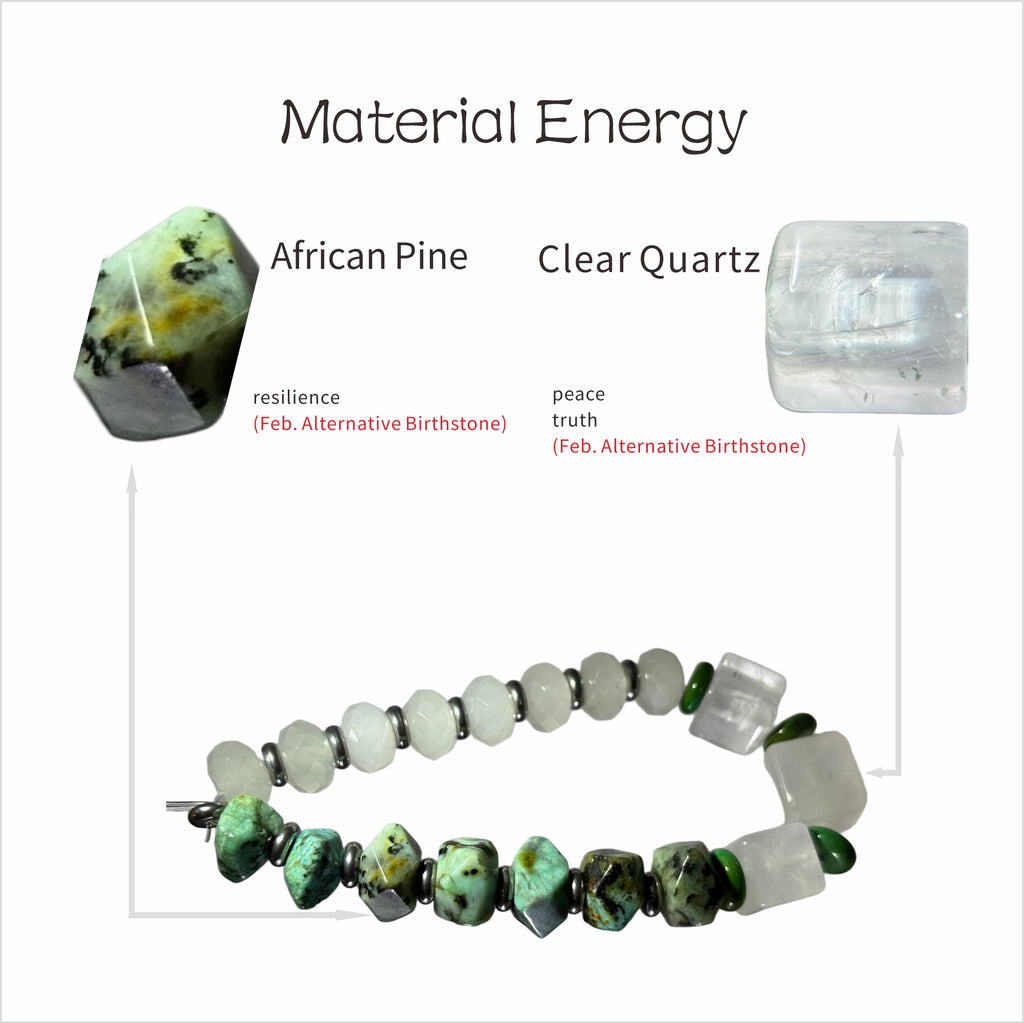 Profound Stillness: O'Keeffe Inspired African Pine & Clear Quartz Bracelet——A botanical palette for resilience and tranquility