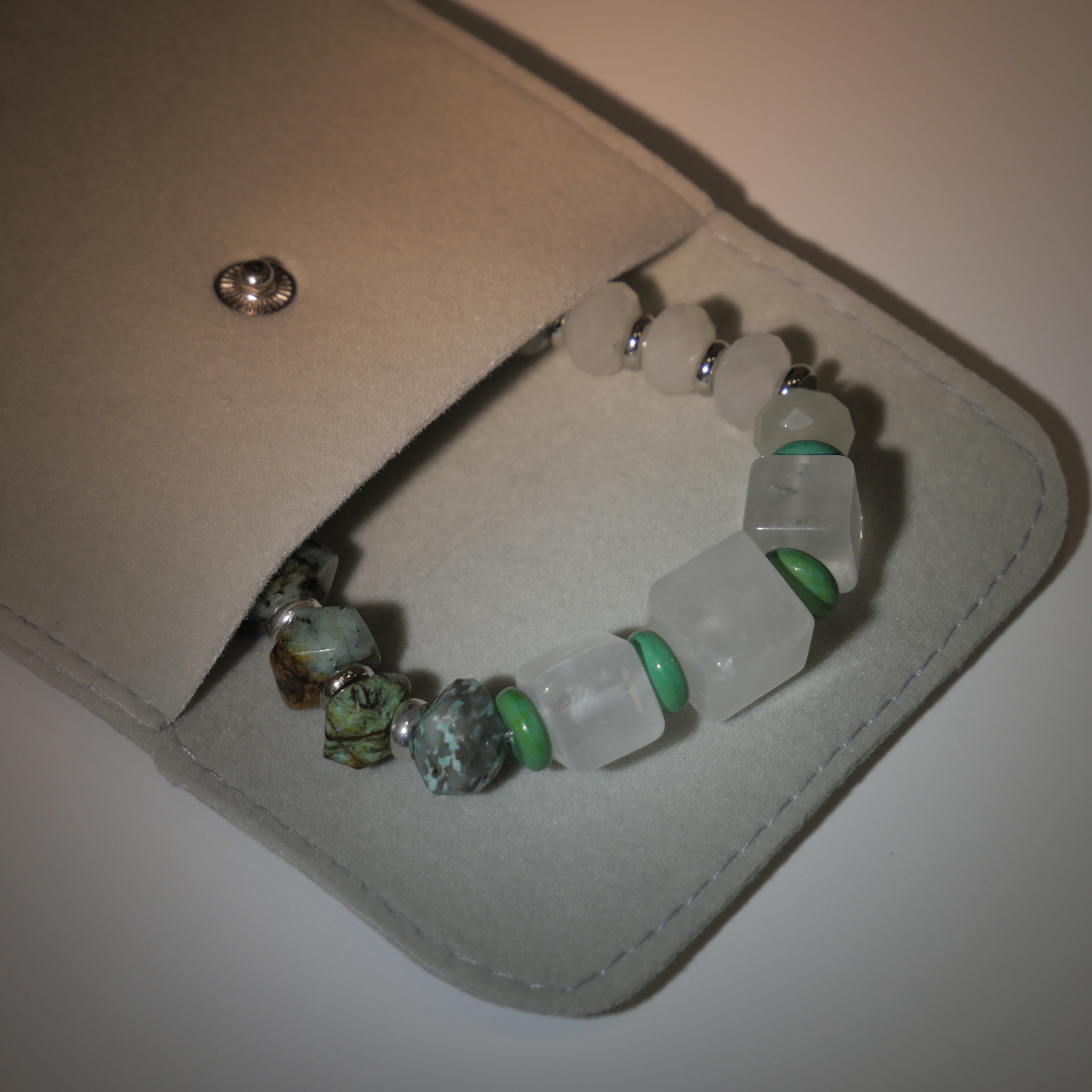 Profound Stillness: O'Keeffe Inspired African Pine & Clear Quartz Bracelet——A botanical palette for resilience and tranquility