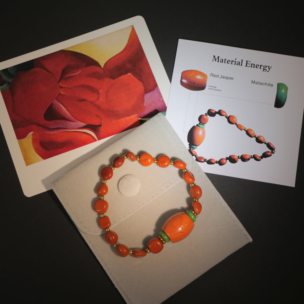 Radiant Flame: O'Keeffe Inspired Red Jasper & Malachite Bracelet——A fiery palette for vitality and passion