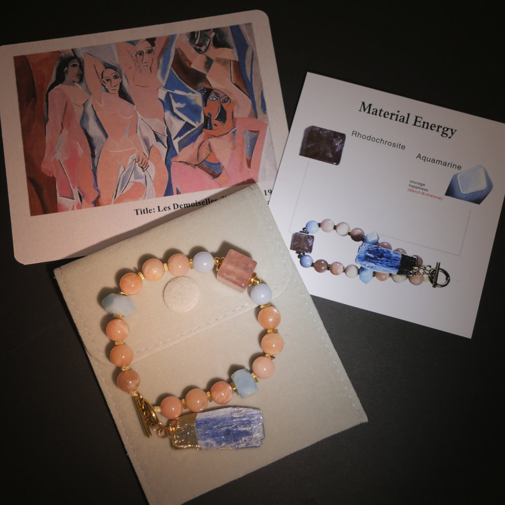 Sharded Beauty: Picasso Inspired Rhodochrosite & Aquamarine Bracelet——A fractured palette for revolution and positivity.