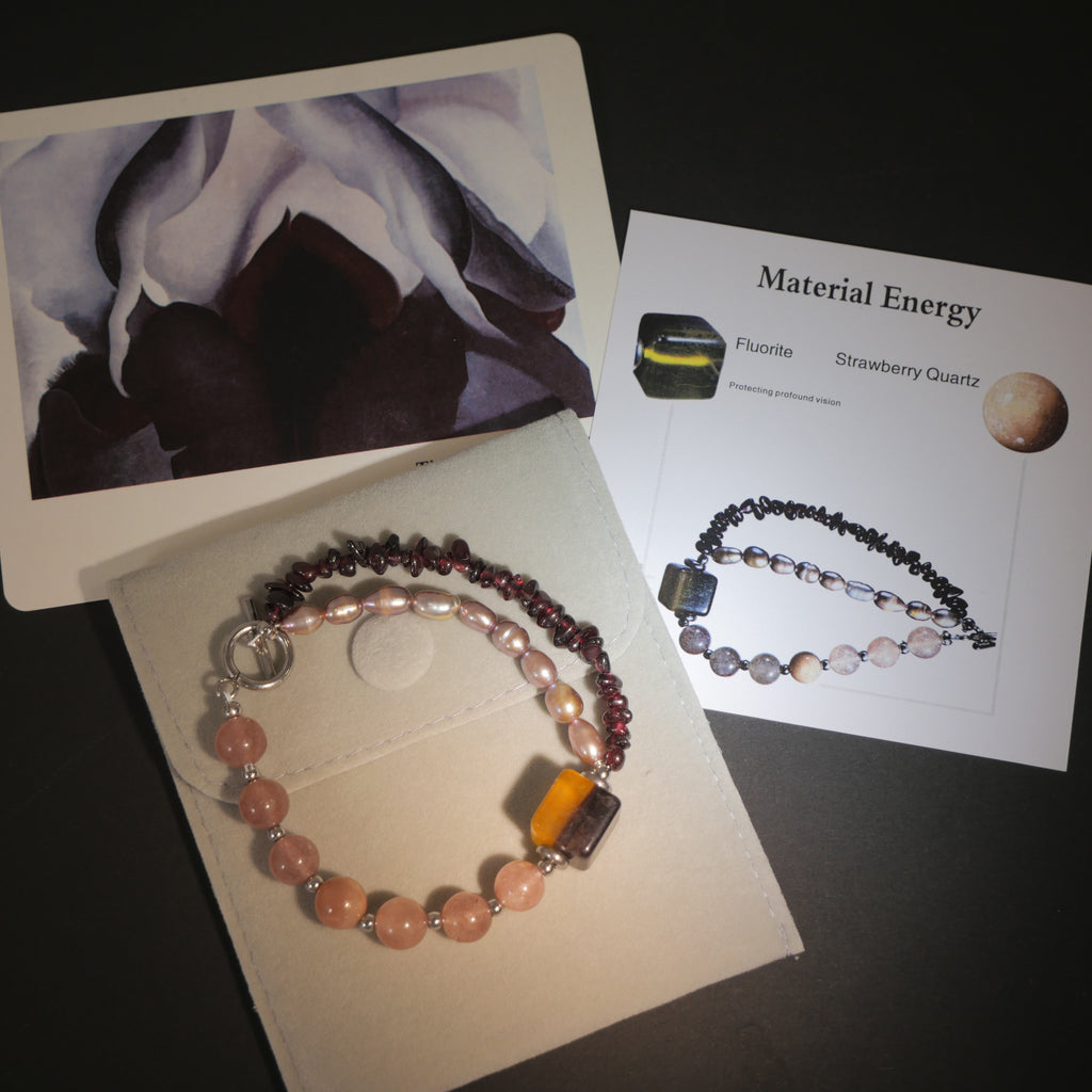 Deep Vision: O'Keeffe Inspired Fluorite & Strawberry Quartz Bracelet——A velvety palette for strength and intuition.