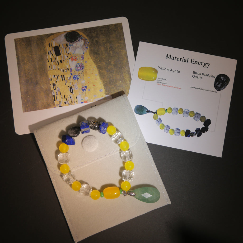 Gilded Embrace: Klimt Inspired Yellow Agate & Black Rutilated Quartz Bracelet——A golden palette for abundance and sacred love
