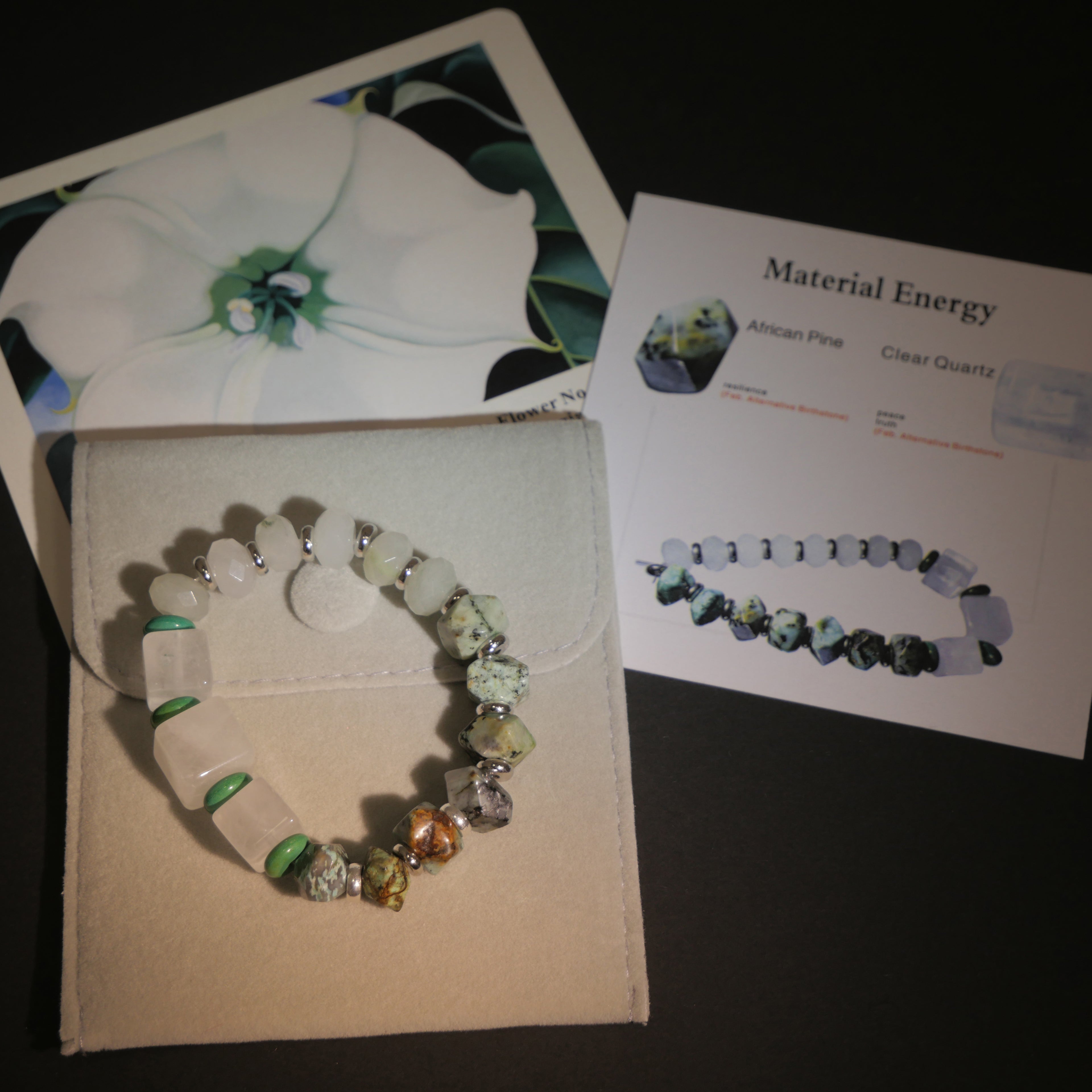 Profound Stillness: O'Keeffe Inspired African Pine & Clear Quartz Bracelet——A botanical palette for resilience and tranquility