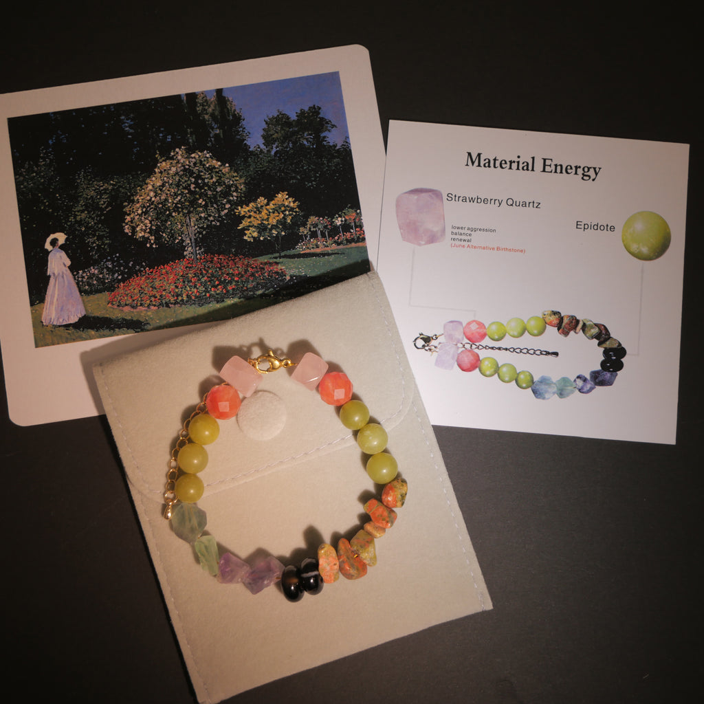 Botanical Light: Monet Inspired Strawberry Quartz & Epidote Bracelet——A sun-dappled palette for self-love and relationship