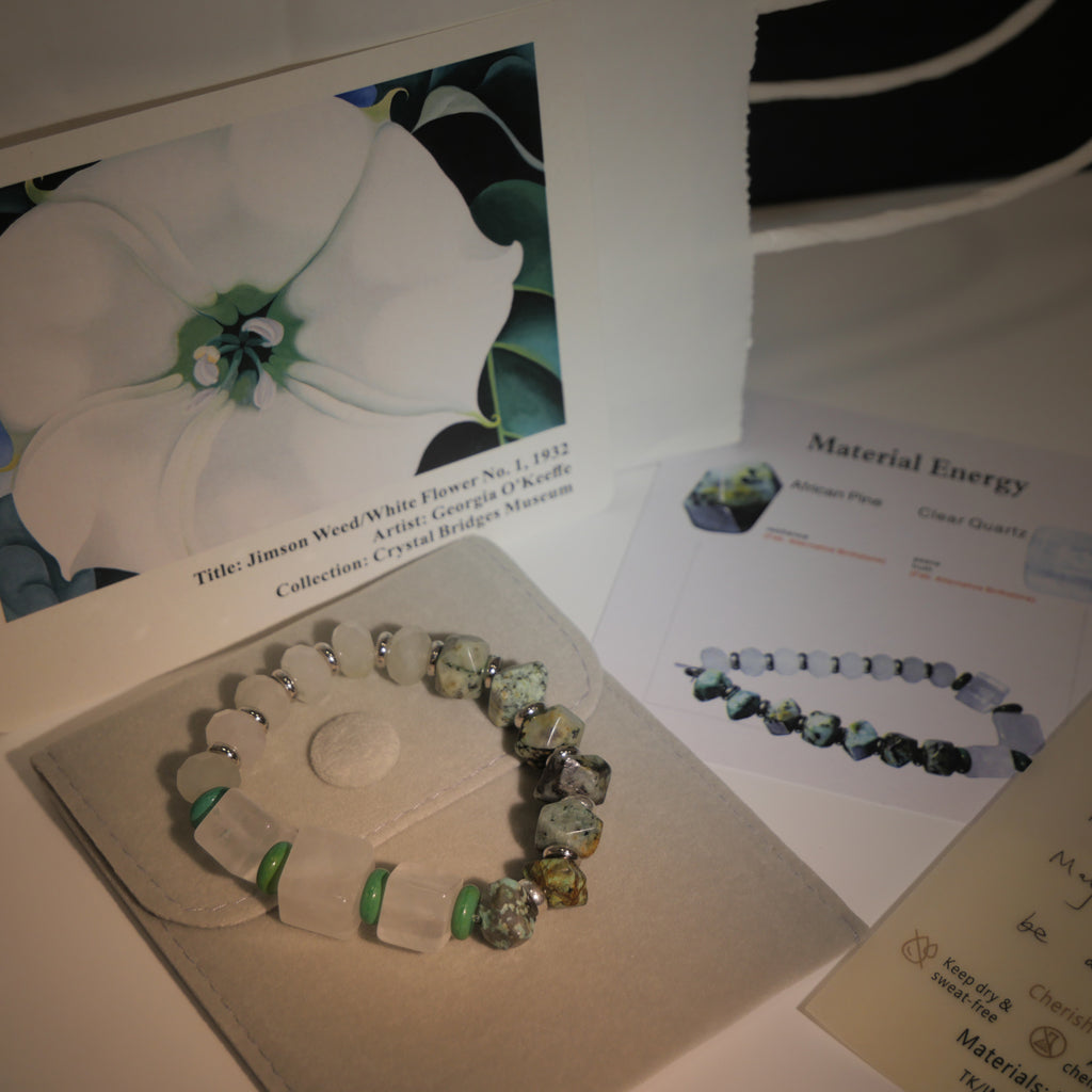 Profound Stillness: O'Keeffe Inspired African Pine & Clear Quartz Bracelet——A botanical palette for resilience and tranquility