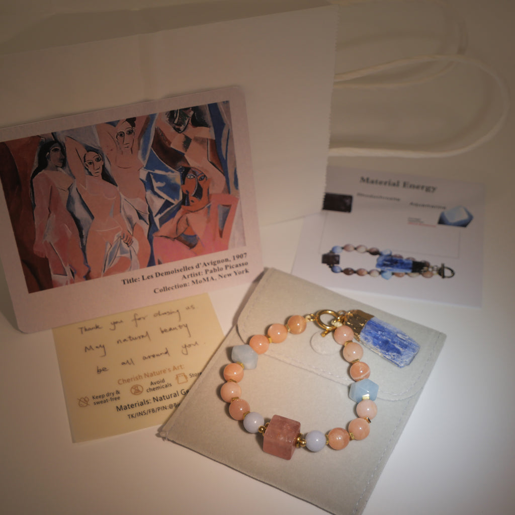 Sharded Beauty: Picasso Inspired Rhodochrosite & Aquamarine Bracelet——A fractured palette for revolution and positivity.