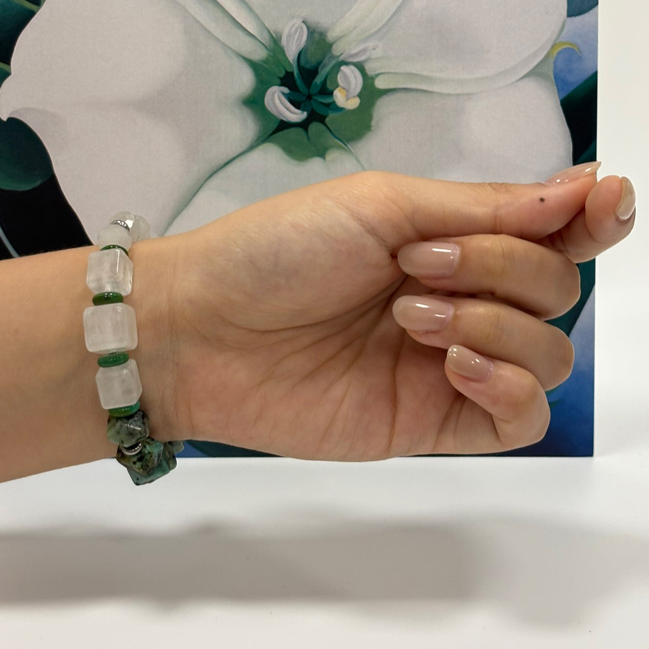 Profound Stillness: O'Keeffe Inspired African Pine & Clear Quartz Bracelet——A botanical palette for resilience and tranquility