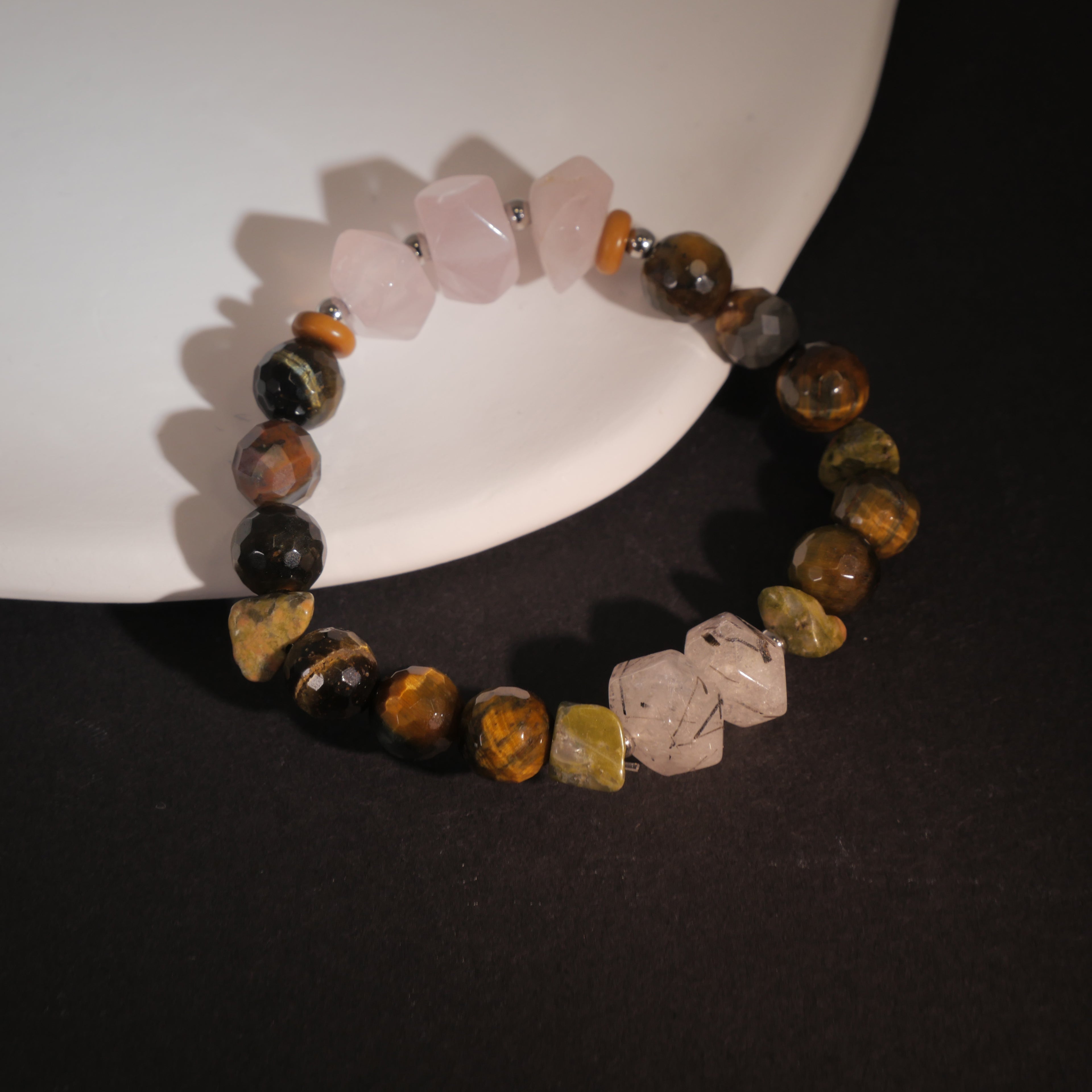 Solitary Resilience: Wyeth Inspired Rose Quartz &  Black Rutilated Quartz Bracelet——A velvety palette for solitude and grounding
