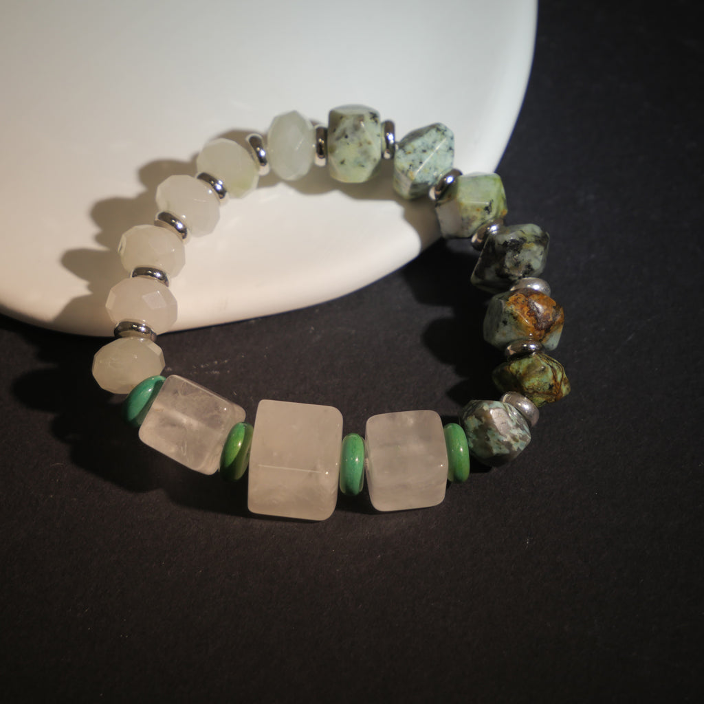 Profound Stillness: O'Keeffe Inspired African Pine & Clear Quartz Bracelet——A botanical palette for resilience and tranquility